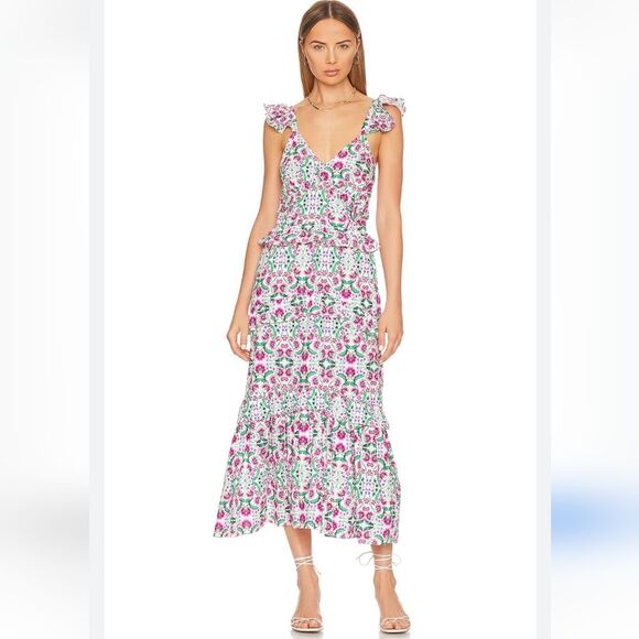 MISA x Revolve Morrison Floral Cotton Strappy Tiered Spring Fuschia Midi Dress - Picture 2 of 15